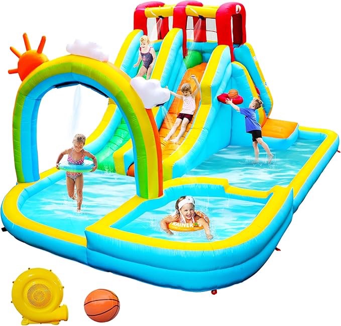 NOT SAME AS PICTURE SIMILAR Inflatable Water Double Slides Park with Blower, Bouncy Castle with Rainbow Water Curtain, with Shooting and Rock Climbing