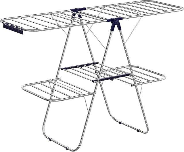 Bigzzia Clothes Drying Rack, Folding 2-Level Laundry Drying Rack, Space-Saving Free-Standing Large Drying Rack, Height-Adjustable Wings with Hooks, Easy to assemable, Grey