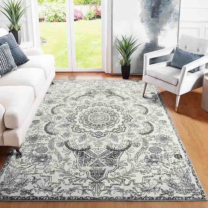 loral Area Rug, 4x6 Machine Washable Oriental Boho Rugs for Living Room, Non Slip Vintage Distressed Rugs Kitchen Mat Indoor Entry Carpet for Bedroom Classroom Dining Room Nursery, White
