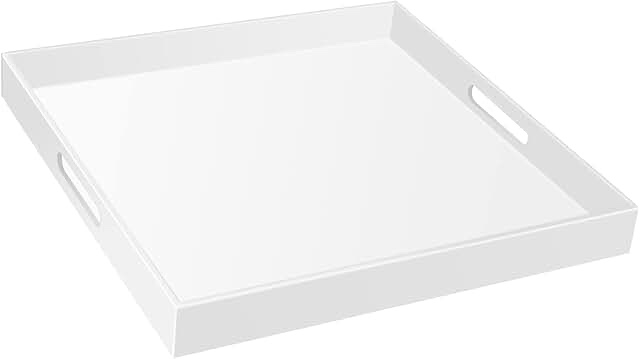 MIKINEE 24×24 Inches Glossy White Acrylic Serving Tray with Handles Extra Large Ottoman Tray Decorative Tray Spill-Proof Coffee Table Space Saver Oversize Counter top Organizer Platter with Safe Edge
