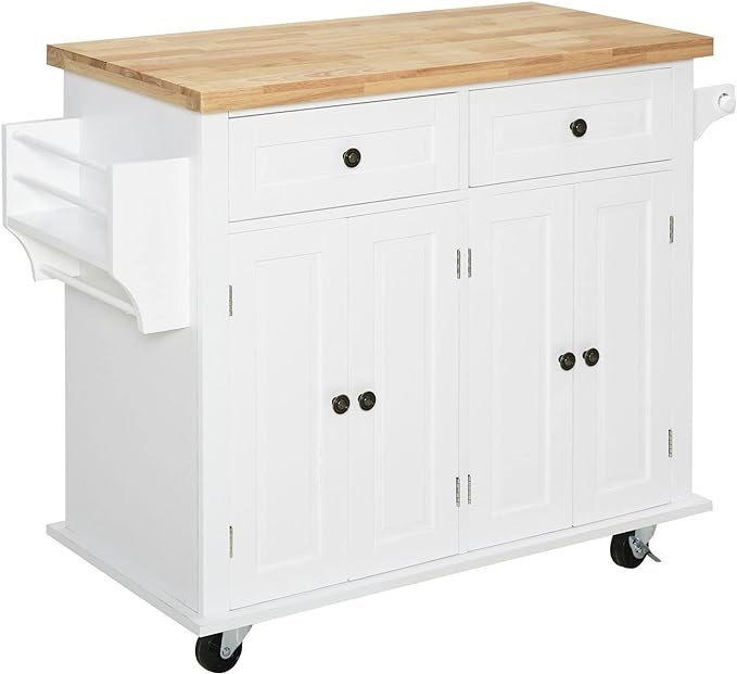 HOMCOM Kitchen Island on Wheels, Rolling Cart with Rubberwood Top, Spice Rack, Towel Rack and Drawers for Dining Room, White
