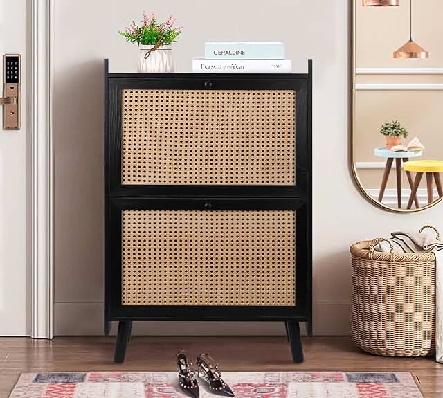 ZYBT Entryway Shoe Storage Organizer, Rattan Shoe Storage Cabinet for Entryway Slim, 2 Flip Drawers Shoe Organizer Wooden Shoe Rack for Door, Free Standing Shoe Racks for Entryway (Black)