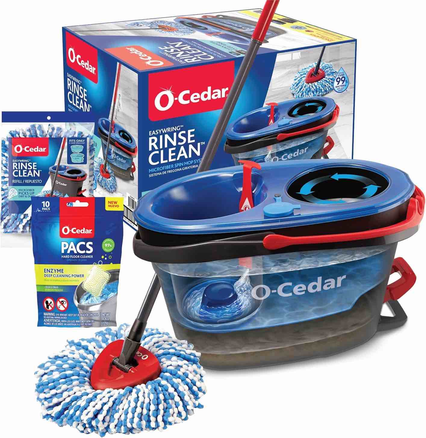 O-Cedar EasyWring RinseClean Microfiber Spin Mop & Bucket Floor Cleaning System with 1 Extra Refill with Citrus Pac (Variety Pack)