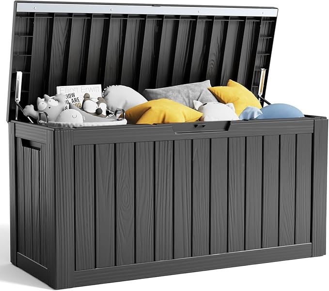 80 Gallon Resin Deck Box, Lockable Patio Outdoor Storage Box for Furniture, Garden Tools and Tools Storage, Waterproof Outside Storage Box