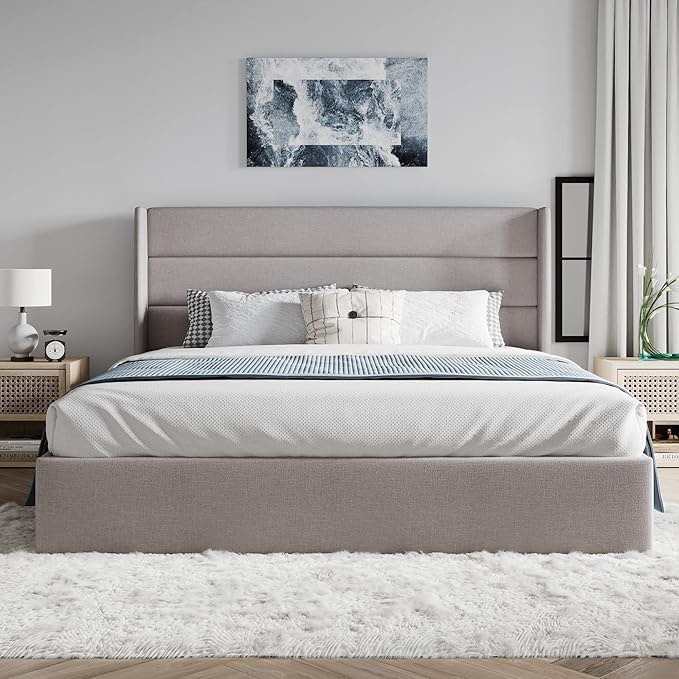 Queen Size Bed Frame with Storage, Queen Bed Frame with Headboard Adjustable, Upholstered Platform B