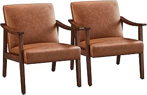Yaheetech PU Leather Accent Chair, Mid-Century Modern Armchair with Solid Wood Legs, Reading Leisure Chair with High Back for Living Room Bedroom Waiting Room, Set of 2, Brown