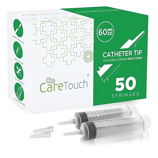 Care Touch 60mL Syringe with Catheter Tip, 50 Large Medicine Syringes for Liquids, 60 ml Plastic Syringe - Feeding Syringe - Disposable & Individually Wrapped, Great for Home Care Use