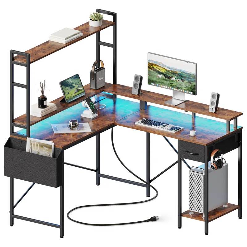 Lateefa 88" L Shaped Computer Home Office Desk with LED Lights & Power Outlets with Storage Shelves 4-Tier Reversible Bookshelf Corner Desk