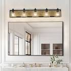 Wood Dimmable Vanity Light with Seeded Glass