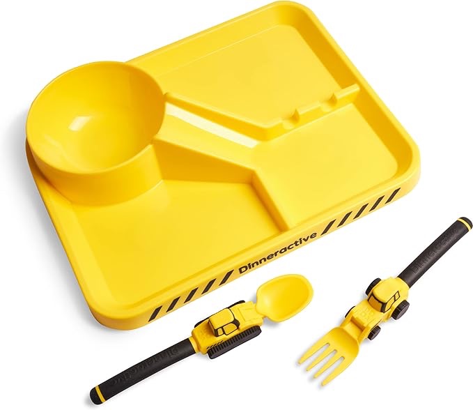 Constructive Eating Plate and Utensils Set - Made in USA - Toddler Dinnerware, Kids Dinnerware and Utensils Set for Ages 1-3, Toddler Utensils 2 and 3 Year Old, Divided Toddler Plates (Construction) yellow and orange