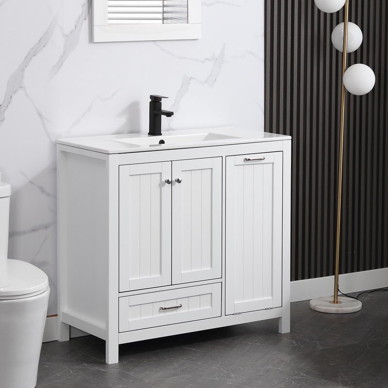 Ameenah 36'' Single Bathroom Vanity with Ceramic Top, Water Saving Faucet, Laundry Hamper