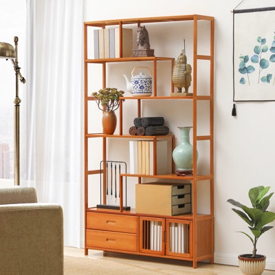 Bamboo 5 Tiers Bookcase, Vintage Staggered Shelf Storage Organizer for Home