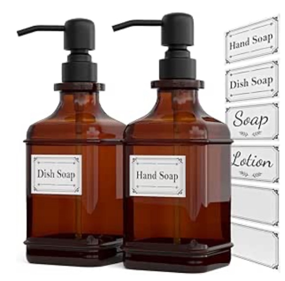 GLADPURE Soap Dispenser 2 Pack, Hand Soap Dispensers with 18 Oz Antique Design Thick Amber Glass Bottle, 316 Rust Proof Stainless Steel Black Pump, 6Pcs Stickers, for Lotion, Soap, Essential Oil