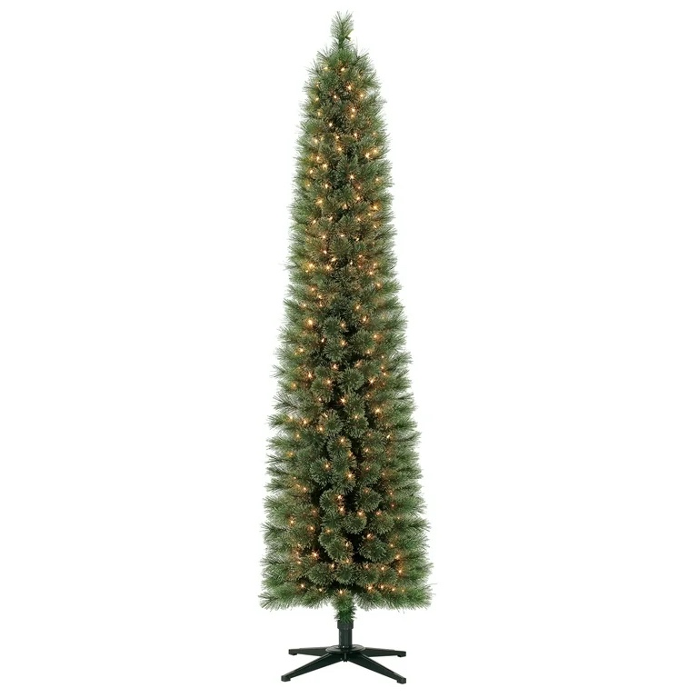 Holiday Time 7ft Pre-Lit Pencil Shelton Cashmere Fir Artificial Christmas Tree with 300 Clear Lights - Green
