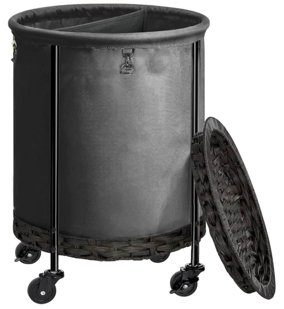 Greenstell Laundry Hamper with Lid, 33.5 Gal Large Laundry Basket with Wheels, Rolling Round Laundry Cart with Steel Frame and Removable Bag, 4 Casters and 2 Brakes, Grey