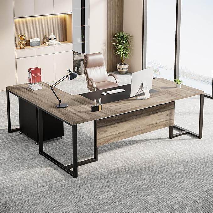 Tribesigns 70.8-Inch Executive Desk with File Cabinet, Large L Shaped Computer Desk with Storage Cabinet, L Shaped Desk with Drawer Cabinet, Retro Gray & Black