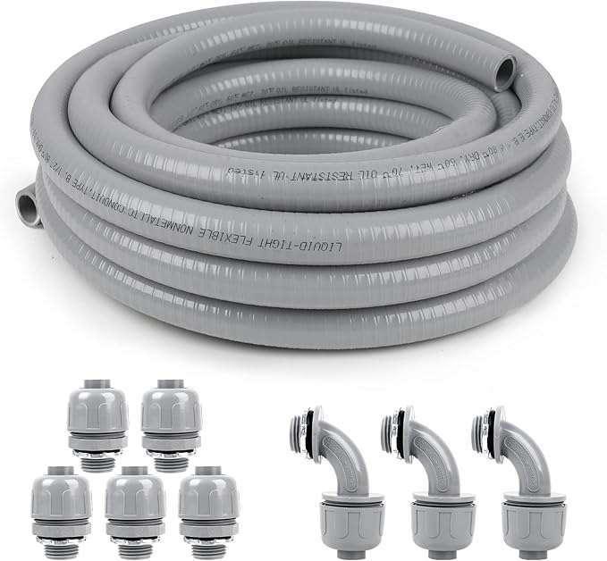 Elecoman 3/4inch 100ft Liquid-Tight Conduit and Connector Kit,Flexible Non Metallic Liquid Tight Electrical Conduit Kit with 5* Straight and 3 * 90-Degree Conduit Connector Fittings,3/4 in. Dia