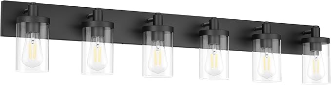 Aipsun 48in Vanity Light Black Bathroom Vanity Lighting Fixtures 6 Light Bathroom Light Fixtures with Clear Glass Shade(Exclude Bulb)