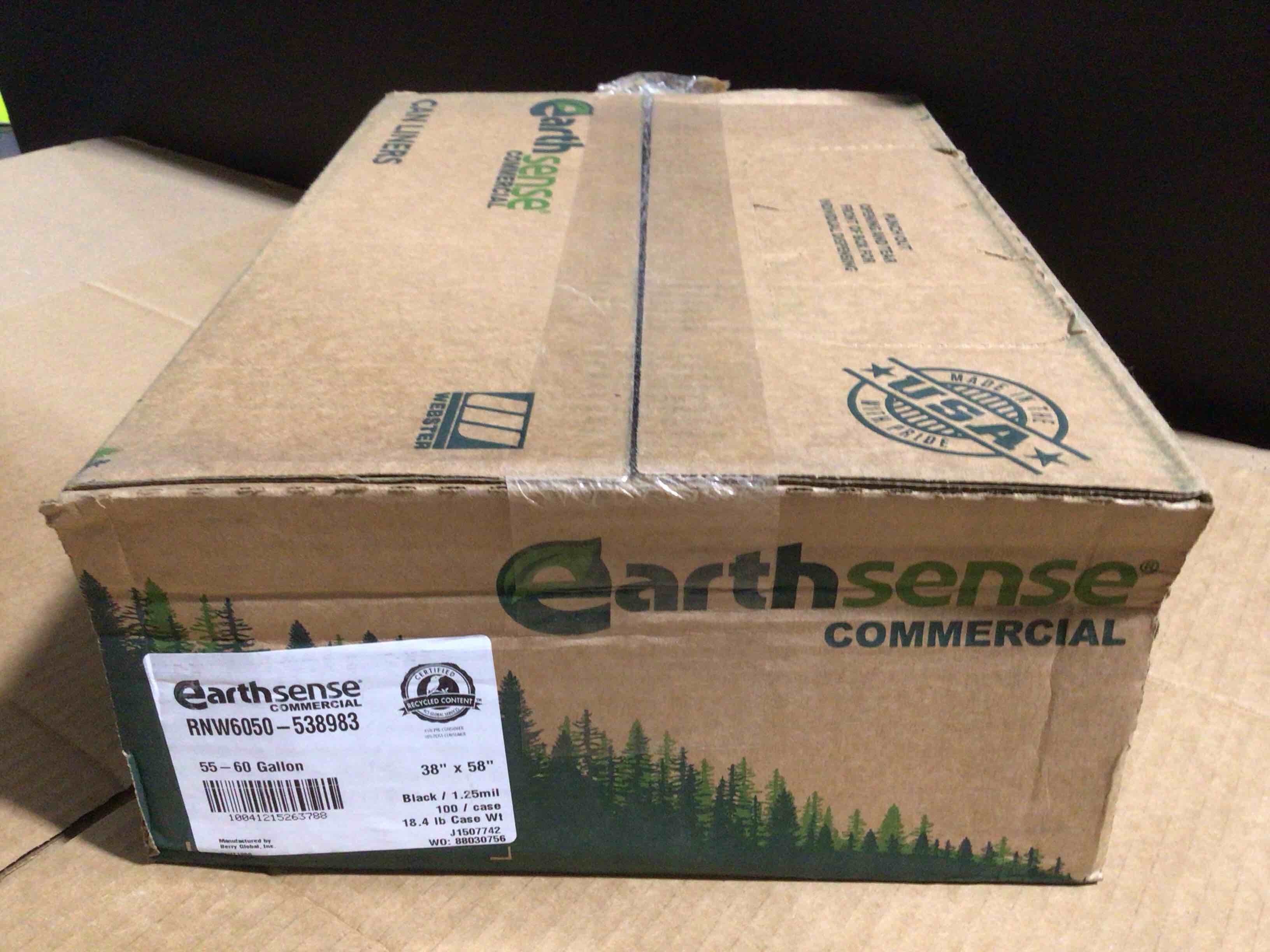 earthsense commercial rnw6050 can liner, 55-60 gal, 1.25 mil, 38" x 58", black (pack of 100)