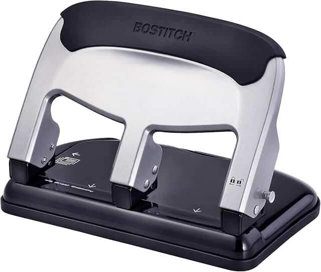 bostitch office ez squeeze heavy duty 3 hole punch, 40-sheet capacity, use less force, perfect for home office school supplies, sleek design, silver