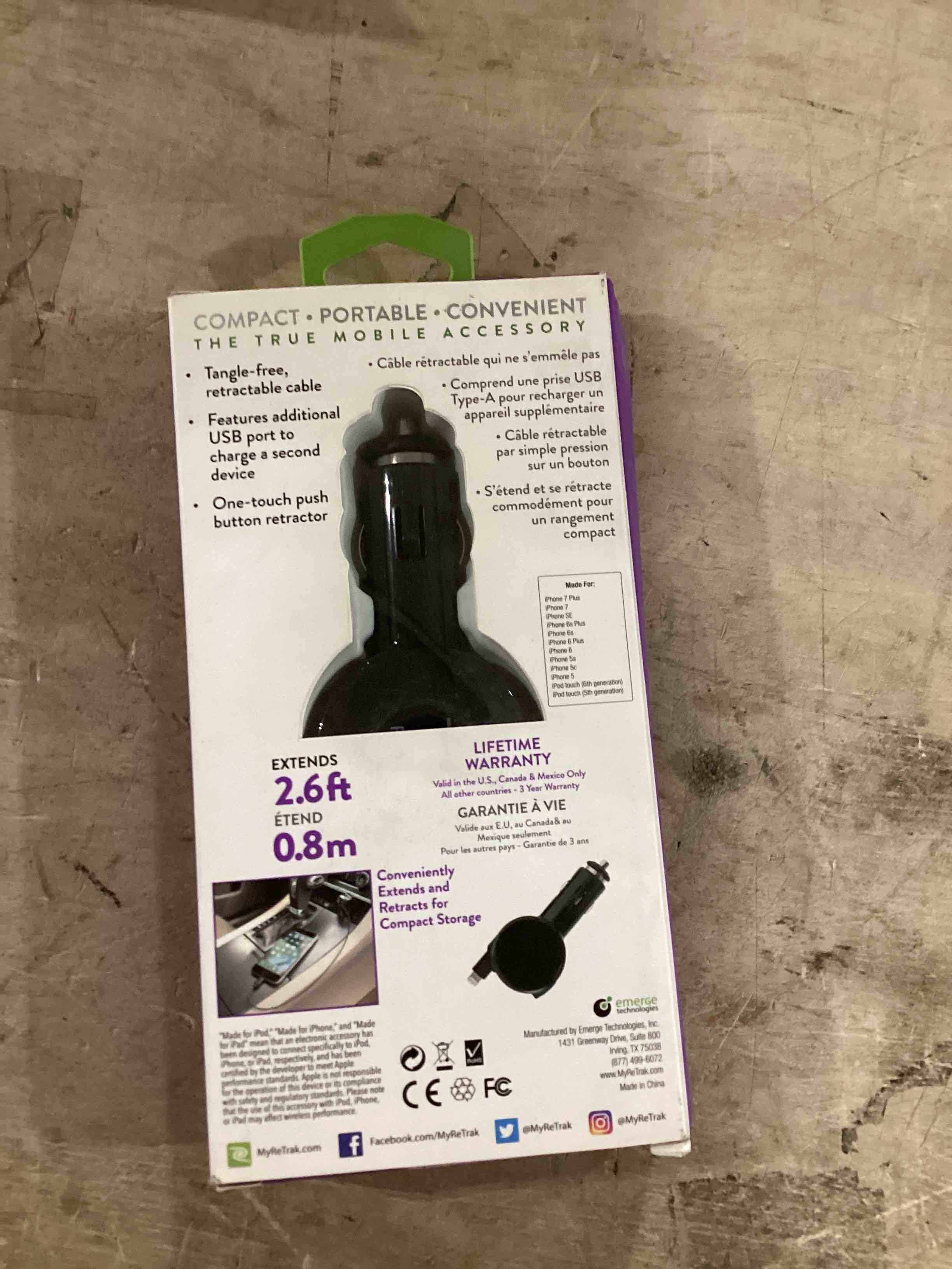 Condition photo showing New/Like New for Cellet Retractable iPhone Car Charger with Lighting Cable (Apple MFI Certified) 10-Watt Compatible with iPhone 14 Pro Max Plus mini SE 13 12 11 Xr Xs X 8 7 6 5 iPad, iPad Pro, iPad Air, iPad mini