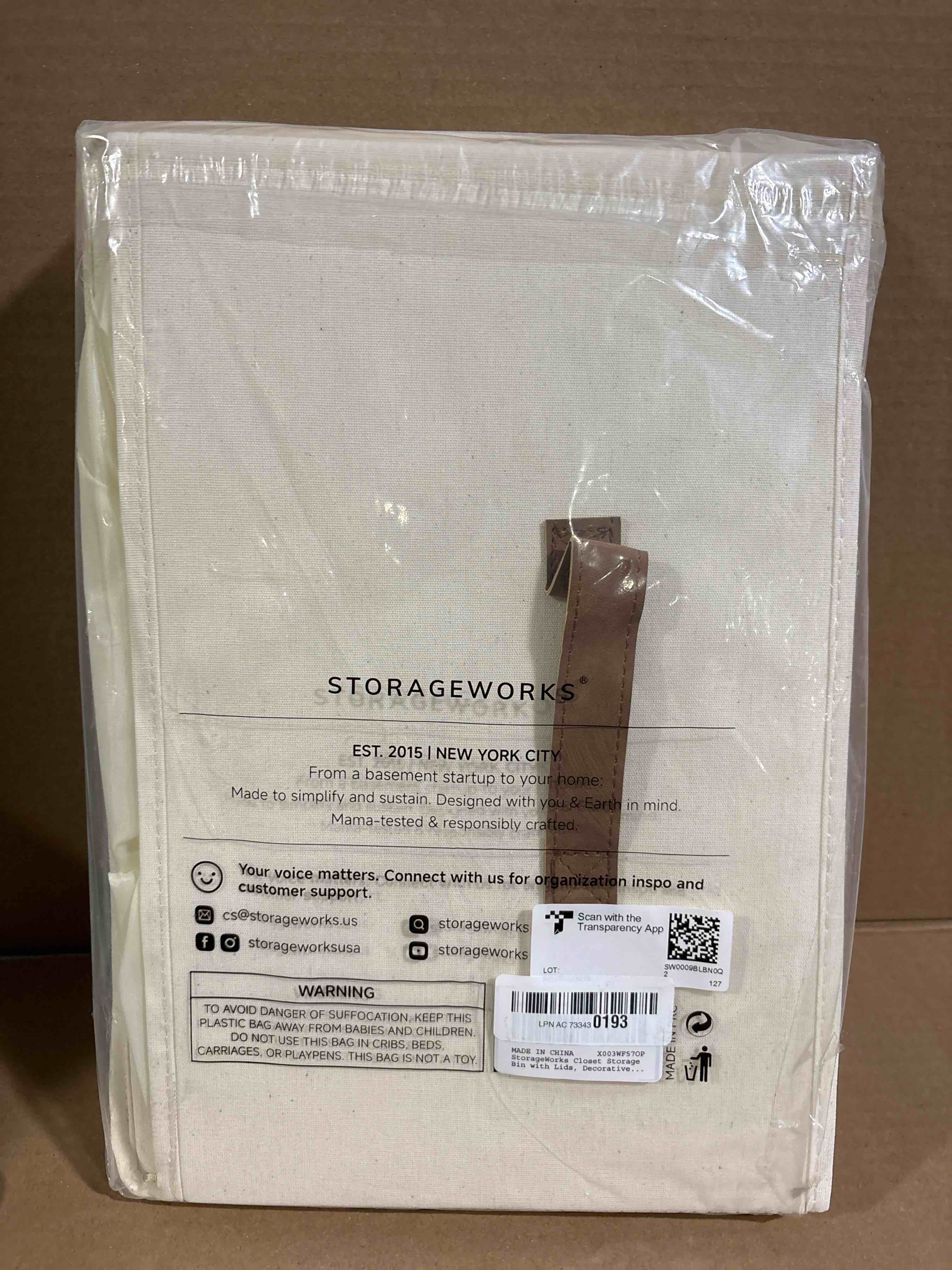 Condition photo showing New/Like New for StorageWorks Fabric Storage Bins with Lid, Decorative Storage Boxes for Shelves, Stackable Closet Organizer Basket with Handles, Large, Ivory White, 2-Pack Ivory White Large