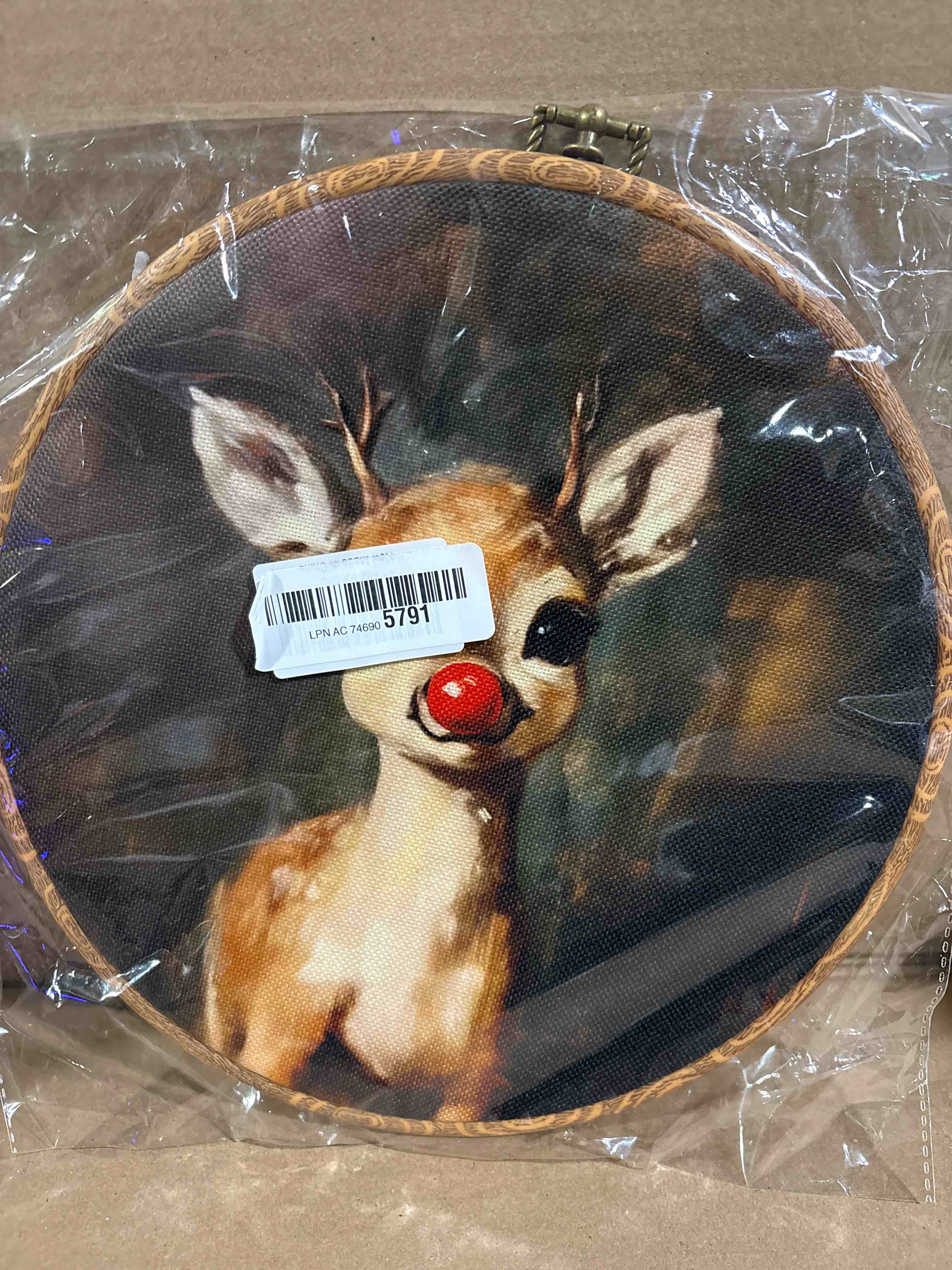 Condition photo showing New/Like New for IDUXIY Vintage Rudolph Wall Art Decor, Christmas Holiday Canvas Print Round Wall Hanging Decor, Framed, 10x10 Inch.(085) Candy Bow Red