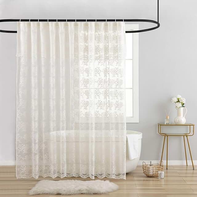 Lace Vintage Shower Curtain with Attached Valance, Crochet Rustic Floral Sheer Shower Curtains for Bathroom, Scalloped Edge Reinforced Holes Top Ivory Shower Curtain, 72 x 72 Inch, 1 Panel