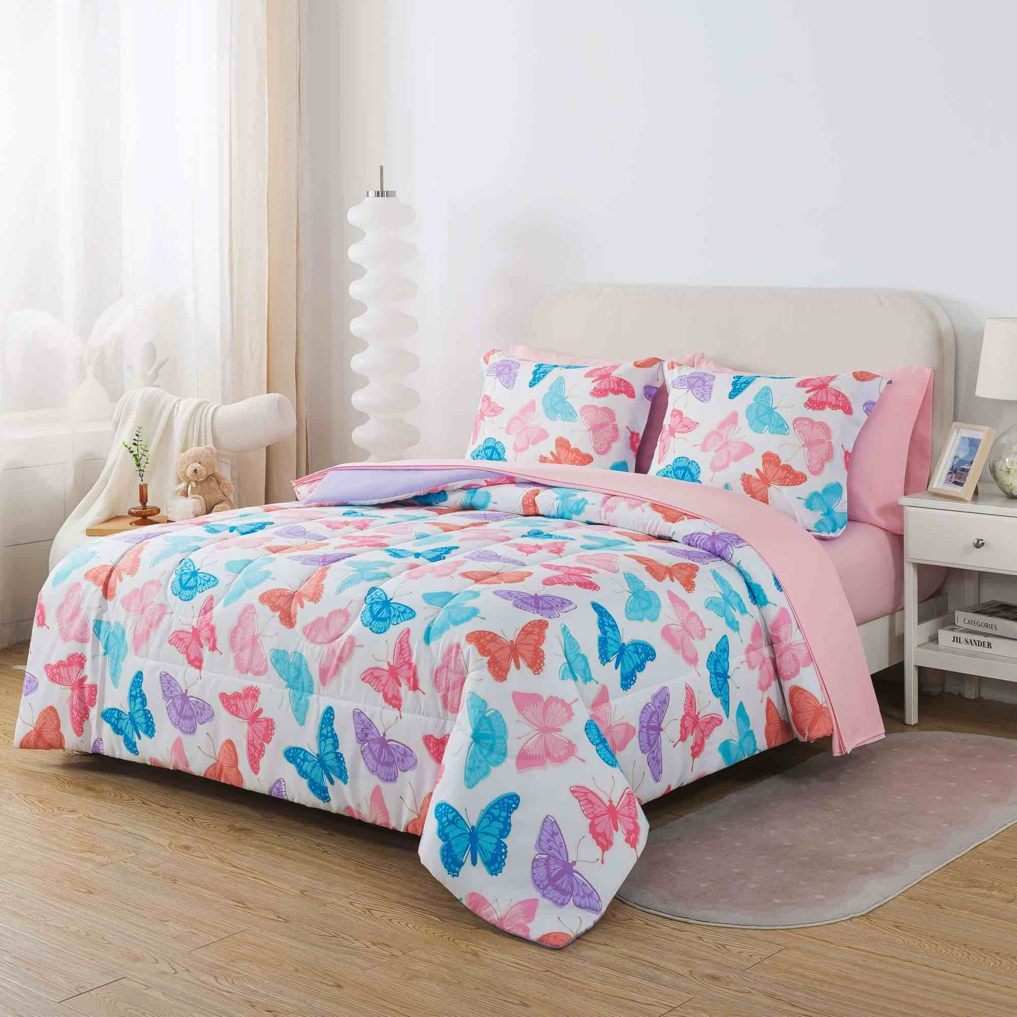 Your Zone Glow in the Dark 7-Piece Butterfly Bedding Set for Kids with Fabric Storage Bag, Full