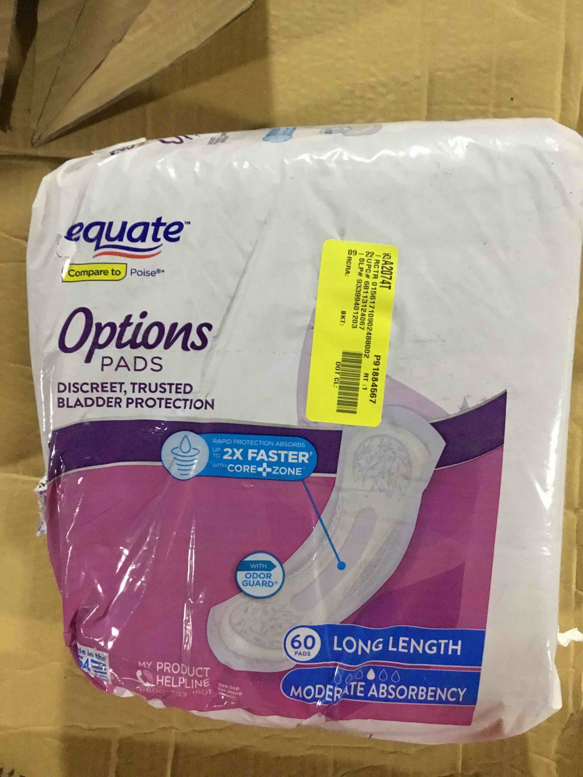 Condition photo showing New/Like New for Equate Options Women s Incontinence Pads  Moderate Absorbency  Long Length (60 Count)