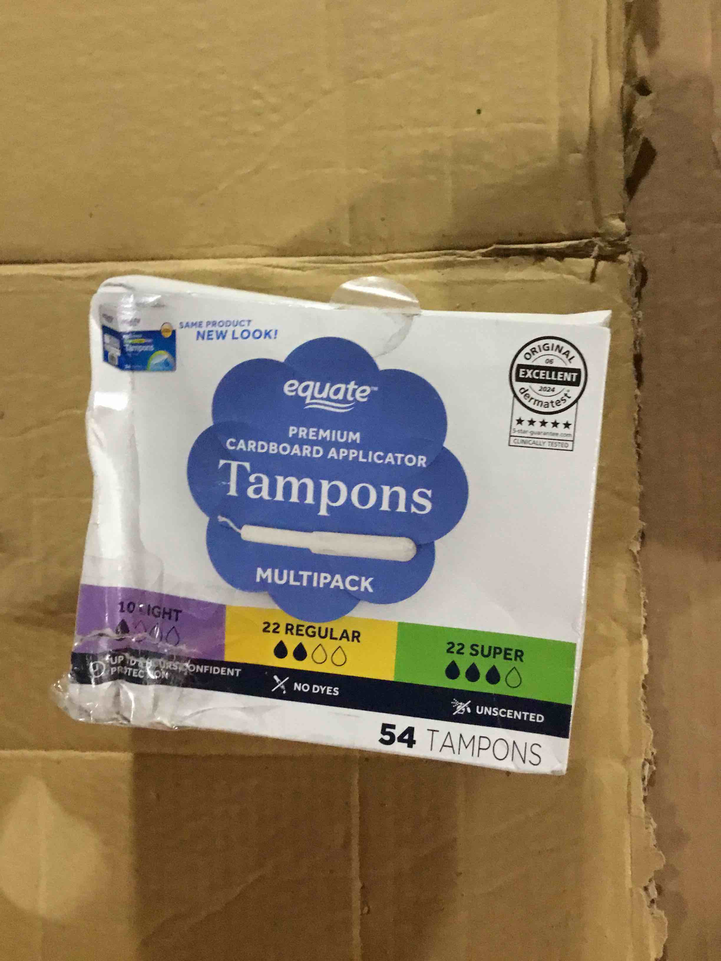 Condition photo showing Good Condition for Multi pack of 54 Tampons, 10 Light, 22 Regular and 22 Super absorbency