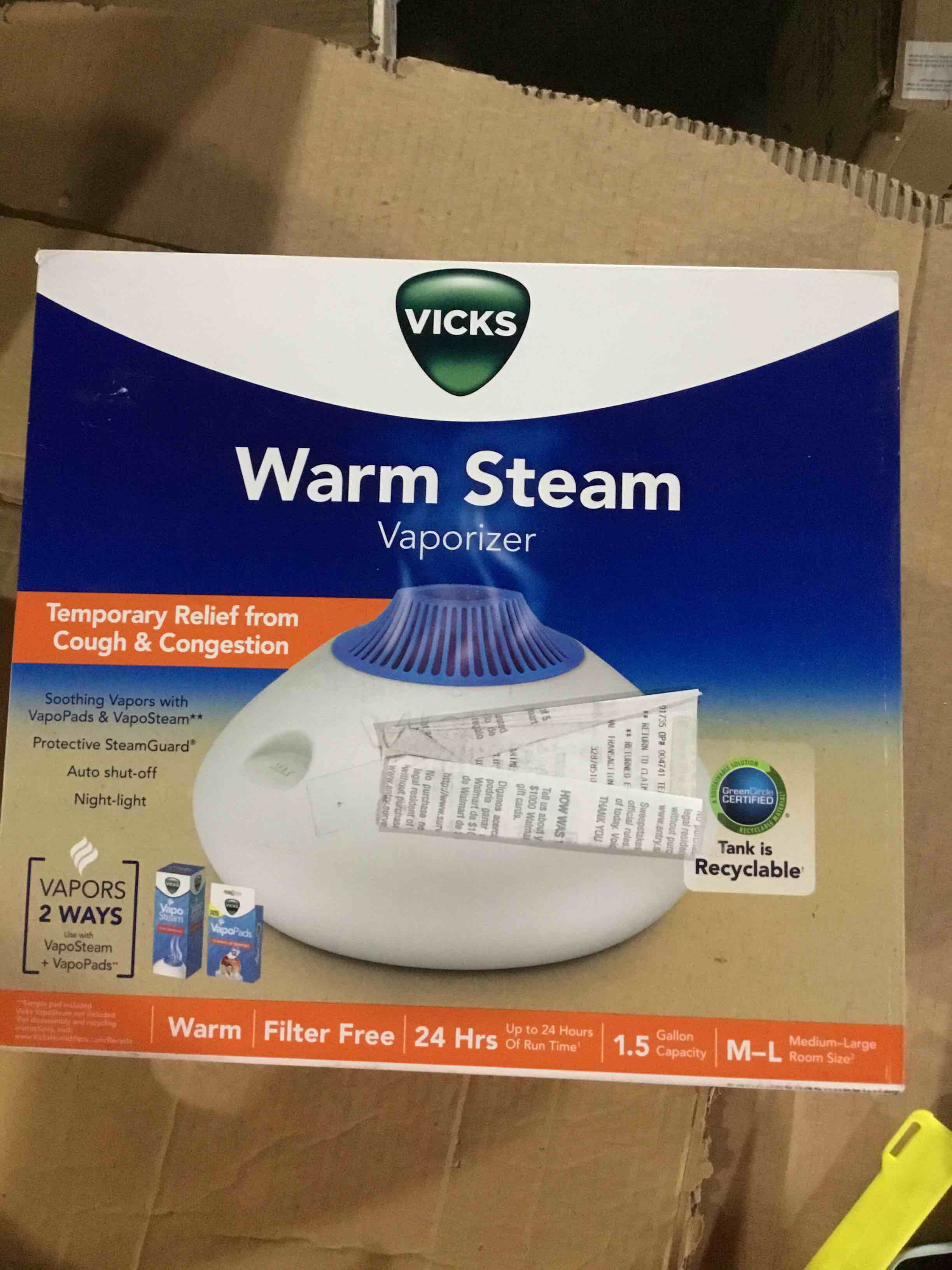 Condition photo showing New/Like New for Vicks Warm Steam Vaporizer Humidifier with Night Light - 1.5gal