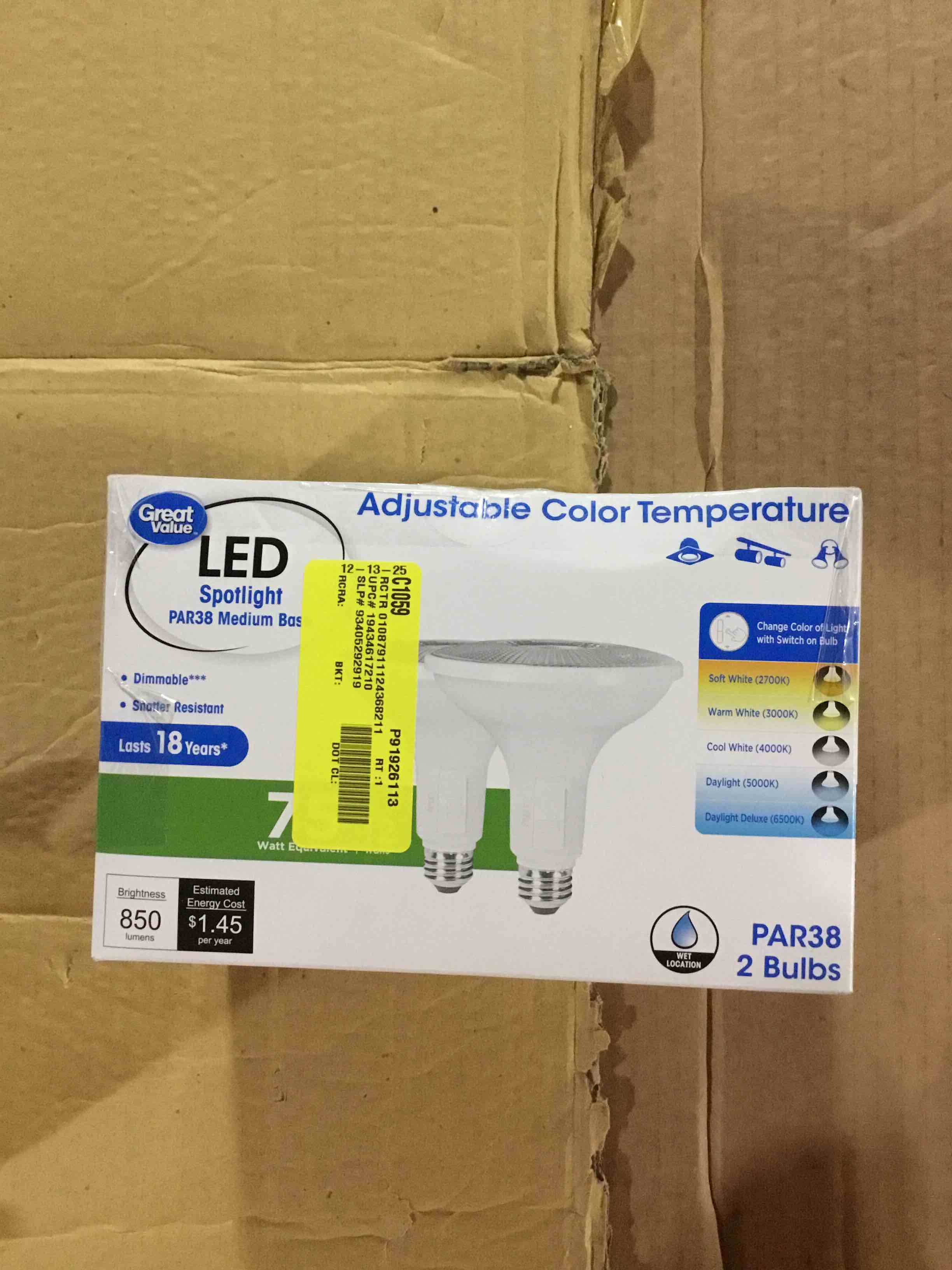 Condition photo showing New/Like New for Great Value LED Light Bulb  11 Watts (75W Equivalent) PAR38 Floodlight Lamp E26 Medium Base  Dimmable  CCT  2-Pack