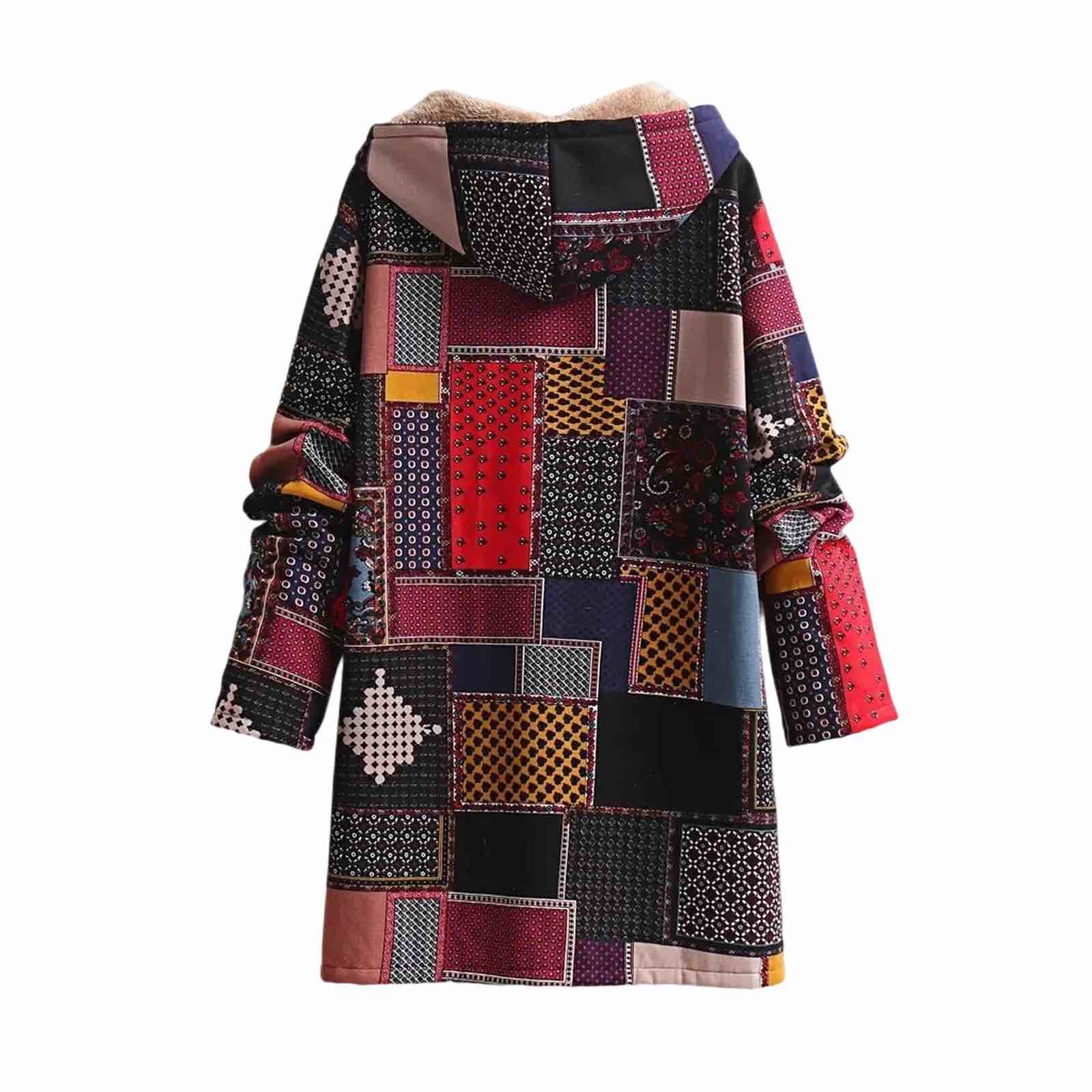 Condition photo showing Good Condition for Stichou Boho Vintage Patchwork Fleece Jacket for Women Western Style Print Hooded Cardigan Buttton Down Ethnic Sherpa Lined Long Winter Coat Wine 