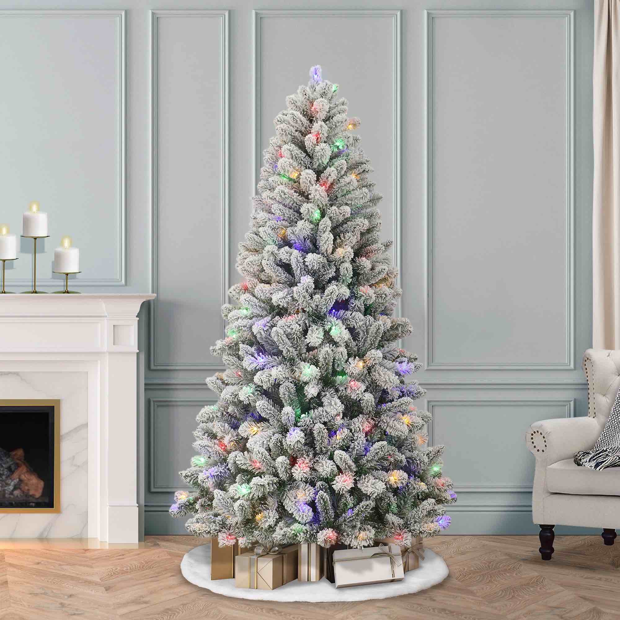 6.5' pre-lit green flocked frisco pine artificial christmas tree with 250 color-changing led lights, by holiday time