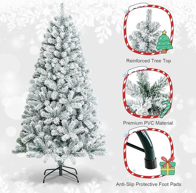 6ft snow flocked christmas tree, hinged pine tree, artificial premium pvc needles/solid metal 