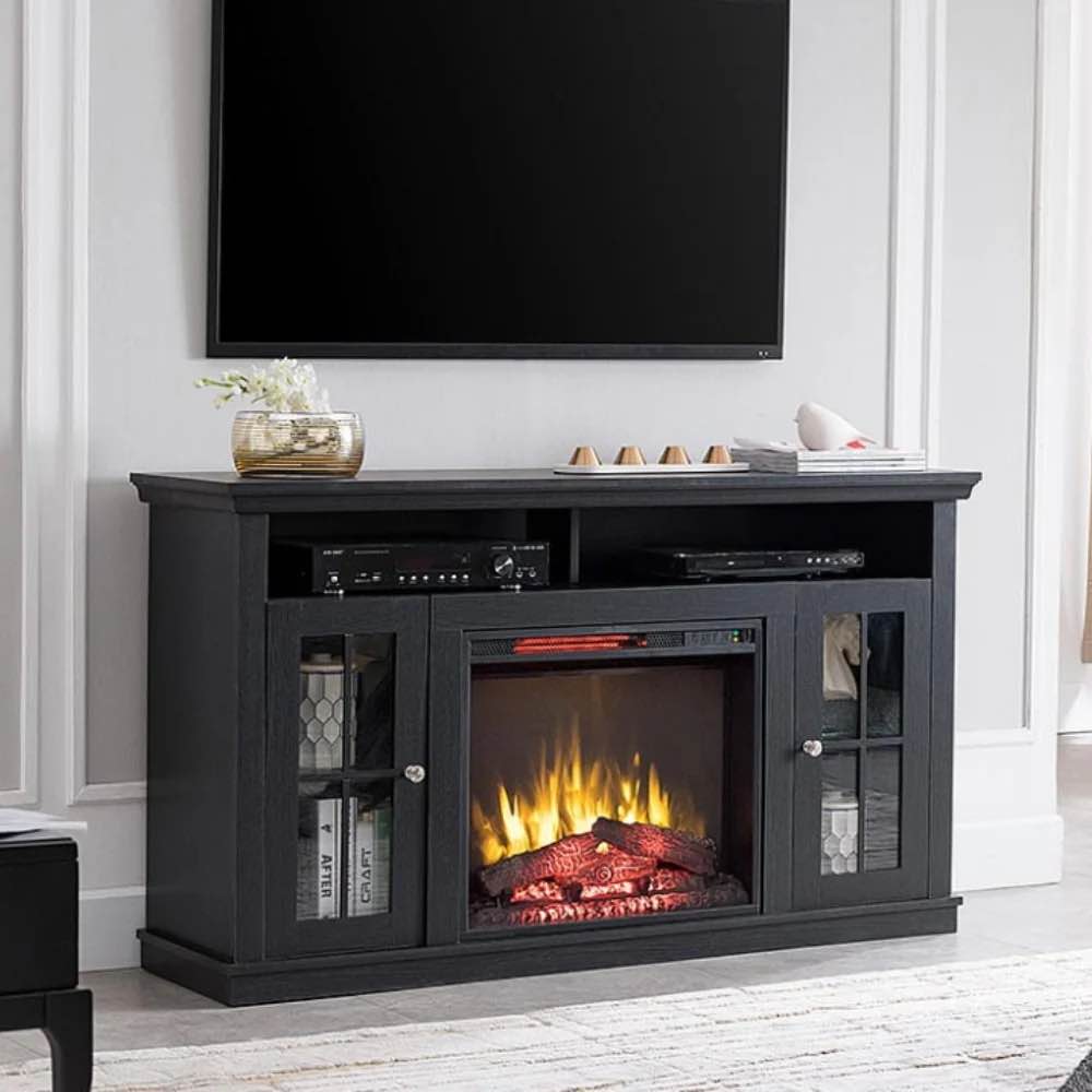 43 inch fireplace tv stand with mantel - electric fireplace heater, wooden entertainment center, adjustable led flame, freestanding (750w/1500w),black