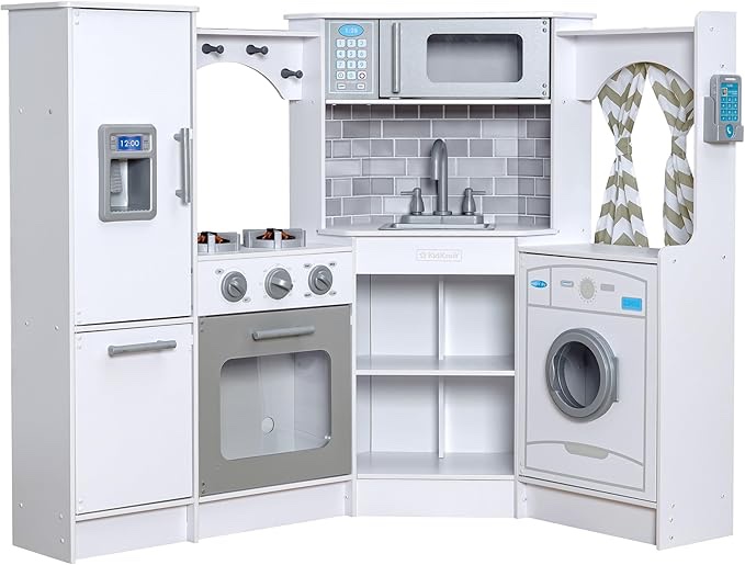 KidKraft Ultimate Corner Wooden Play Kitchen with Lights & Sounds, Play Phone and Curtains, White Visit the KidKraft Store