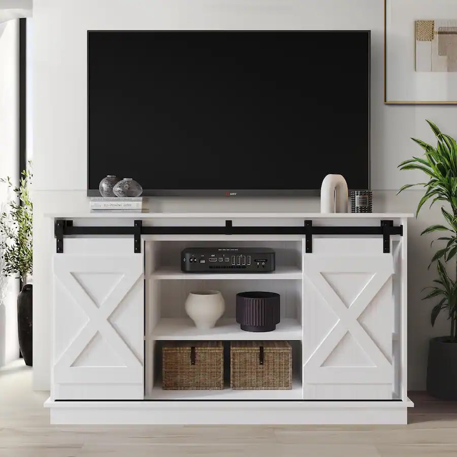 ChaletPosh - Vintage-Inspired TV Stand Console with Sliding Barn Doors - White Model