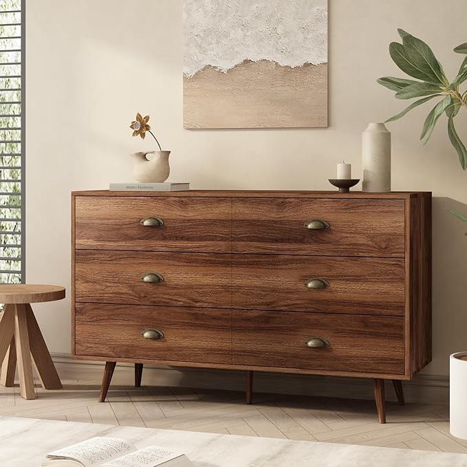 Brown Dresser for Bedroom, 6 Drawer Dresser with Wide Drawers and Metal Knob, Wood Dressers 