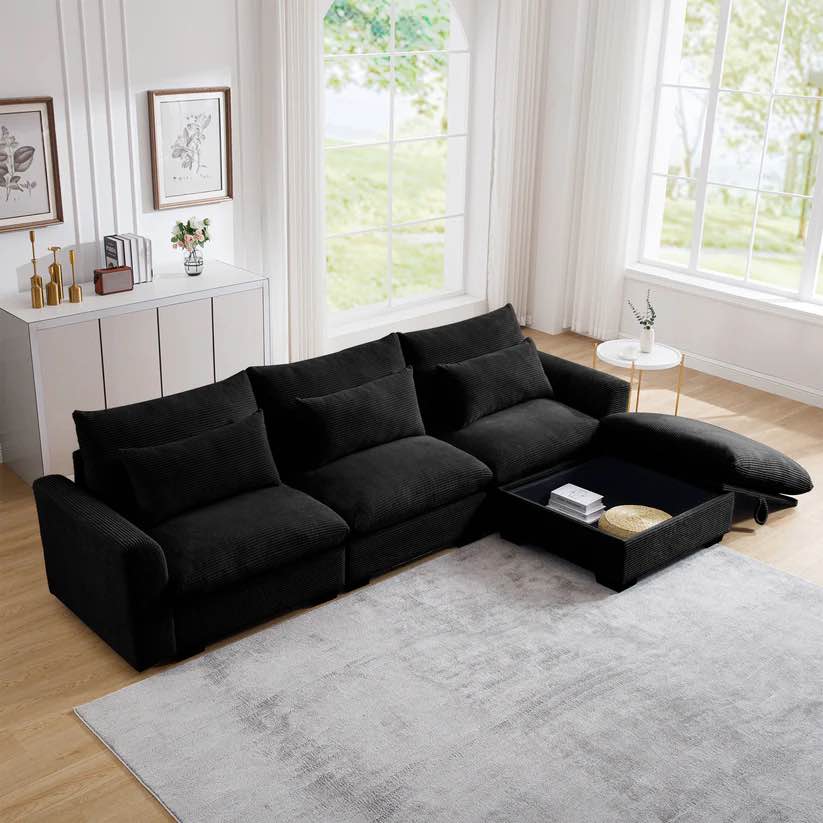 Corduroy Sectional Sofa, L Shaped Couch With Storage Footstool And 3 Pillow, Sectional Couch For Living Room Apartment, Black Black Corduroy 