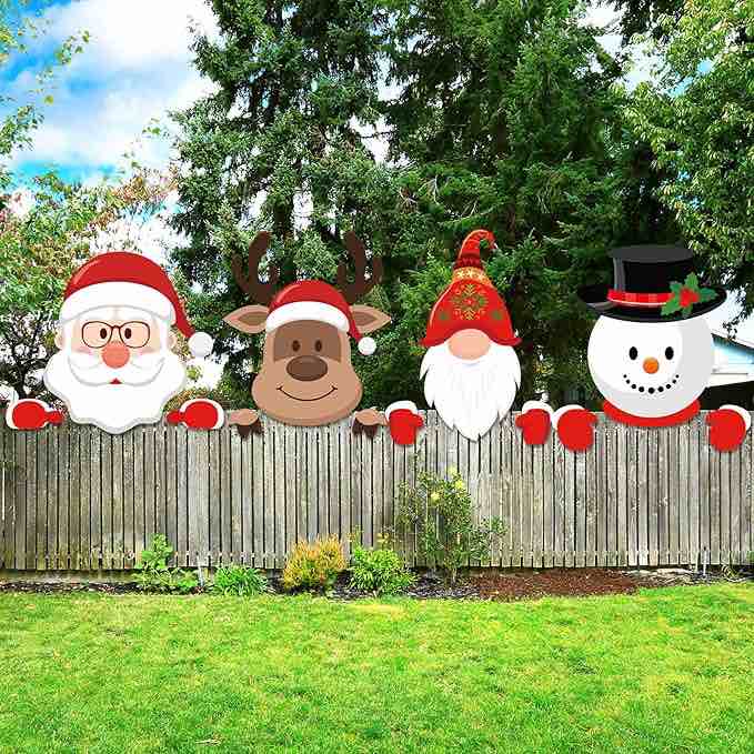 Christmas Fence Peeker Decoration Garden Yard Decorations Xmas Outdoor Garden Fence Sign Ornament Christmas Peeker Art for Holiday Patio Home Decor(Cute Style)
