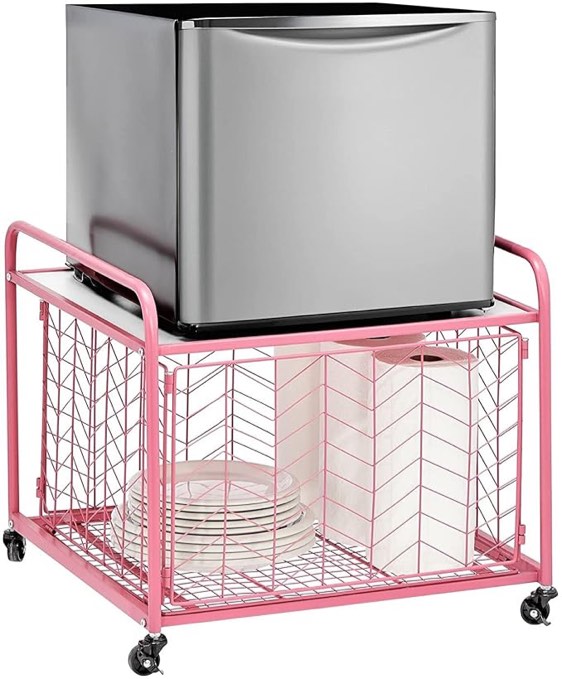 Similar to INDIAN DECOR. 36770 Rolling Cart, Chevron Wire Sliding Drawer Basket, Metal Frame, Swivel Rotating Wheels 2-Tier Storage Stand For Mini Fridge.