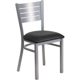 7 Flash Furniture XU-DG-60401-BLKV-GG Hercules Series Silver Slat Back Metal Restaurant Chair - Black Vinyl Seat