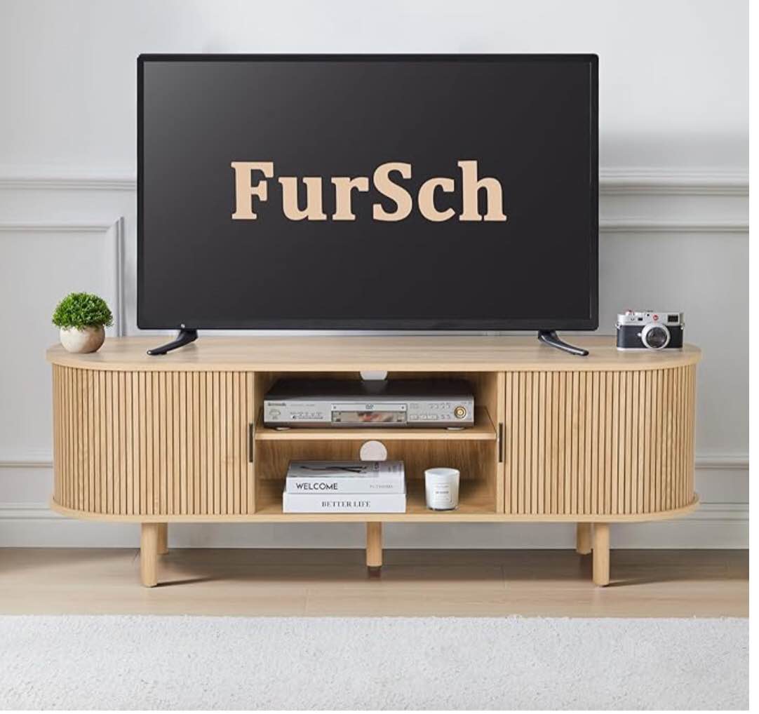 FurSch 54" Tambour Door TV Stand,Wood Mid Century Modern TV Cabinet for Up to 65“ TV,Curved Edge Long TV Stand with Storage for Bedroom Living Room(Natural, 54inch)