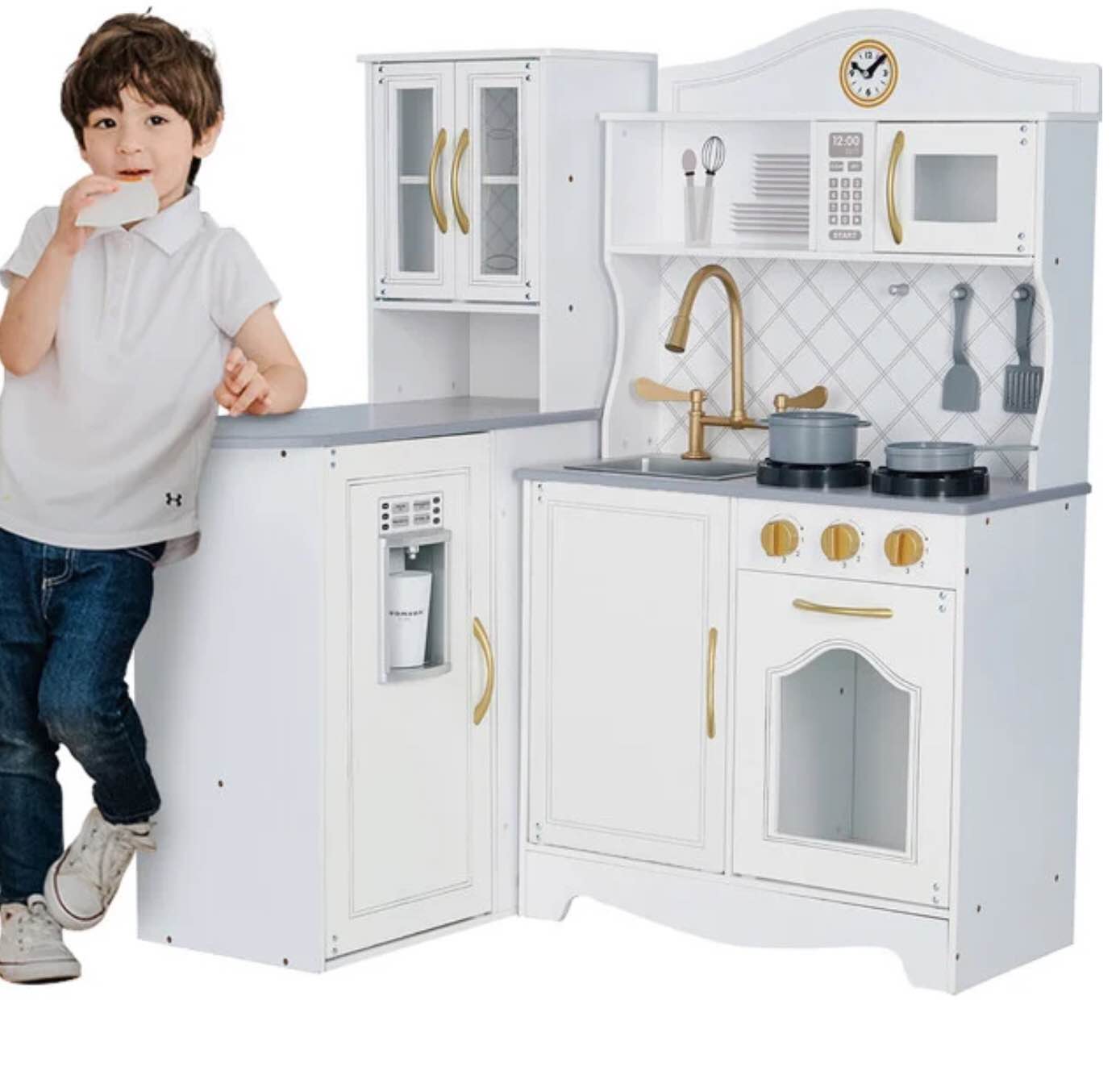 Little Chef Upper East Retro Play Kitchen, White/Gold