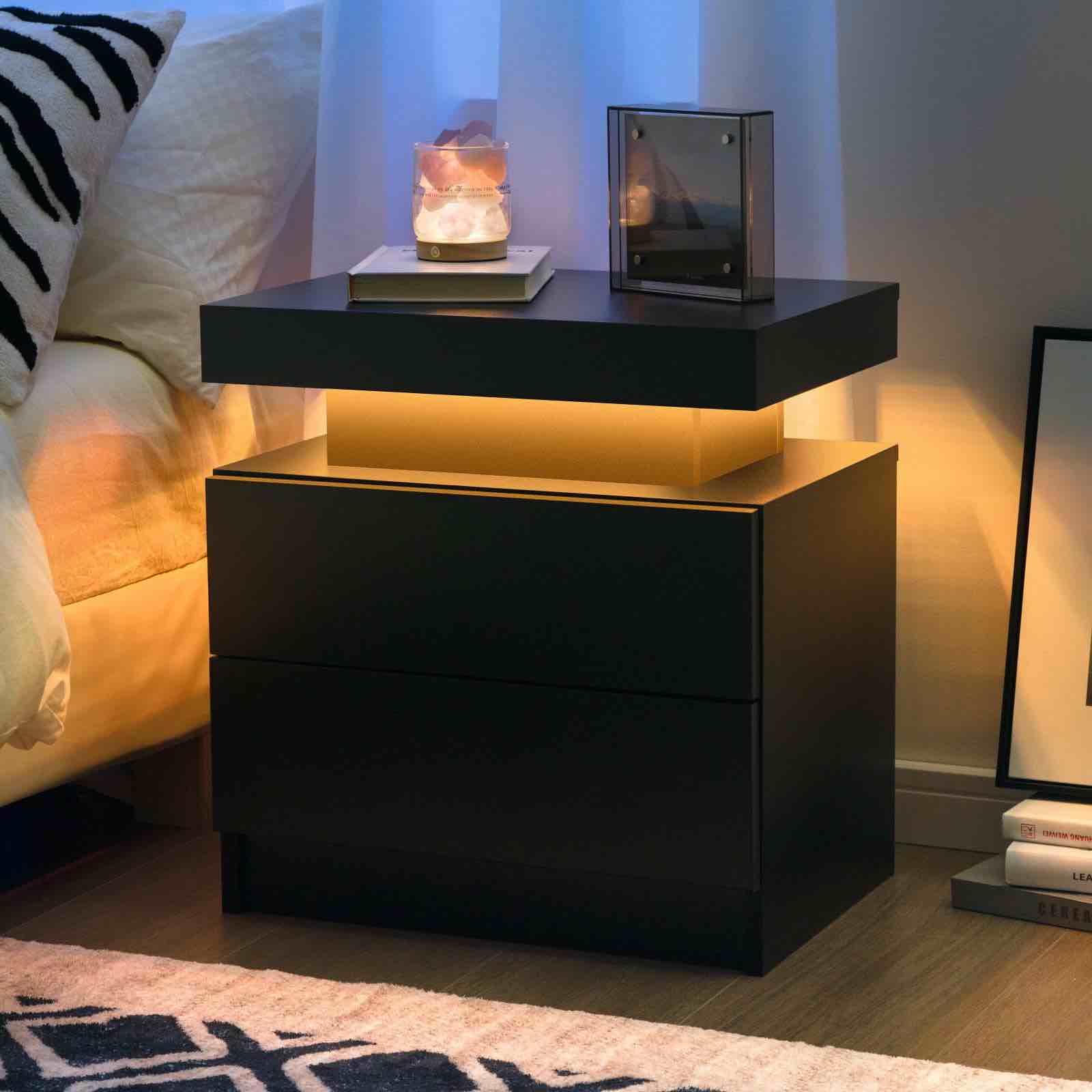 NightStand Bedside Table with 2 Drawers, Wooden Cabinet Unit with LED Lights for Bedroom, End Table Side Table for Bedroom Living Room…