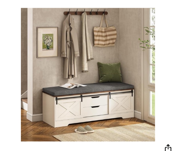 Farmhouse Storage Bench with Cushion, Shoe Rack with Slide Barn Doors, Adjustable Shelf and 2 Drawer for Entry, Bedroom, Closet, Living