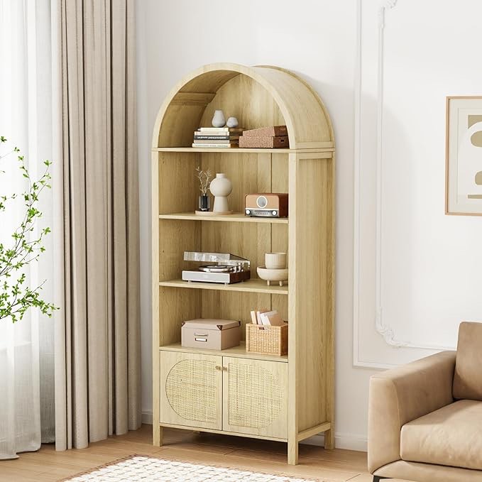 VINGLI Arched Display Cabinet, Natural Rattan Storage Cabinet with 5 Shelves, 5 Tier Arched Bookshelf, Wood Tall Bookcases, Sturdy, Stylish for Living Room Bedroom Dining Room Office Study Room, Oak