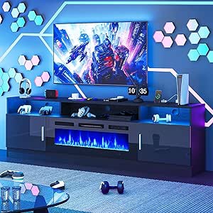 Similar to Stand with Power Outlet for TVs Up to 80", Electric Fireplace Entertainment Center with LED Lights & Storage Cabinets, Media Console Table for Living Room, Black